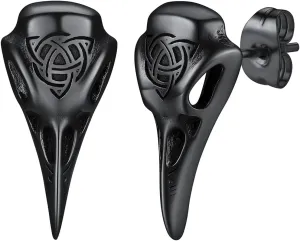 ChainsHouse Viking Earrings for Men, Raven Skull/Celtic Cross Ear Studs, Stainless Steel/Black/Gold Plated Punk Gothic Earrings, Lightweight Hypoallergenic Stud Jewelry with Gift Box
