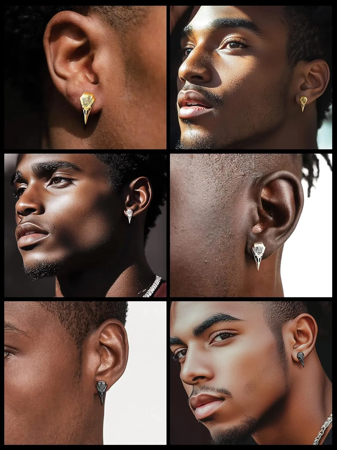 ChainsHouse Viking Earrings for Men, Raven Skull/Celtic Cross Ear Studs, Stainless Steel/Black/Gold Plated Punk Gothic Earrings, Lightweight Hypoallergenic Stud Jewelry with Gift Box