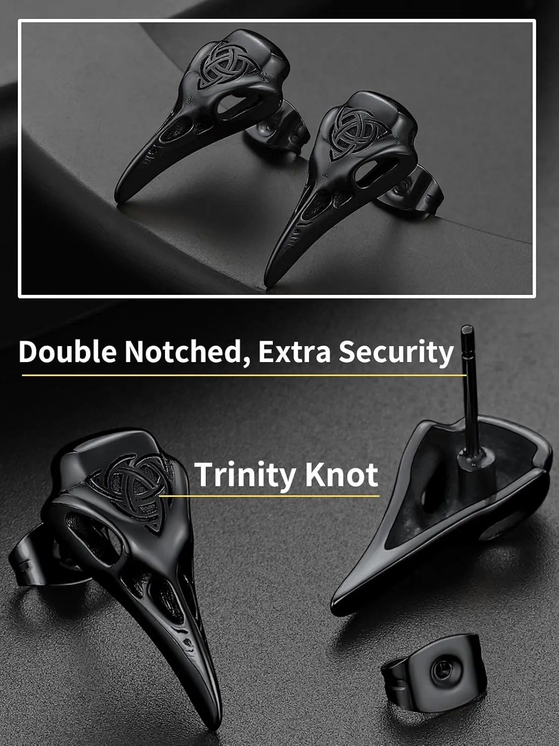 ChainsHouse Viking Earrings for Men, Raven Skull/Celtic Cross Ear Studs, Stainless Steel/Black/Gold Plated Punk Gothic Earrings, Lightweight Hypoallergenic Stud Jewelry with Gift Box