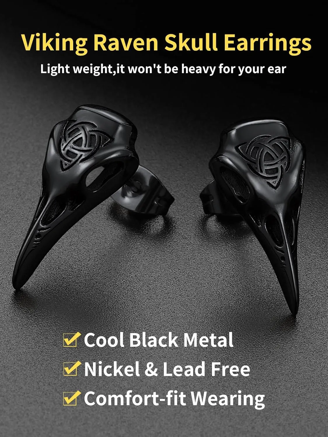ChainsHouse Viking Earrings for Men, Raven Skull/Celtic Cross Ear Studs, Stainless Steel/Black/Gold Plated Punk Gothic Earrings, Lightweight Hypoallergenic Stud Jewelry with Gift Box