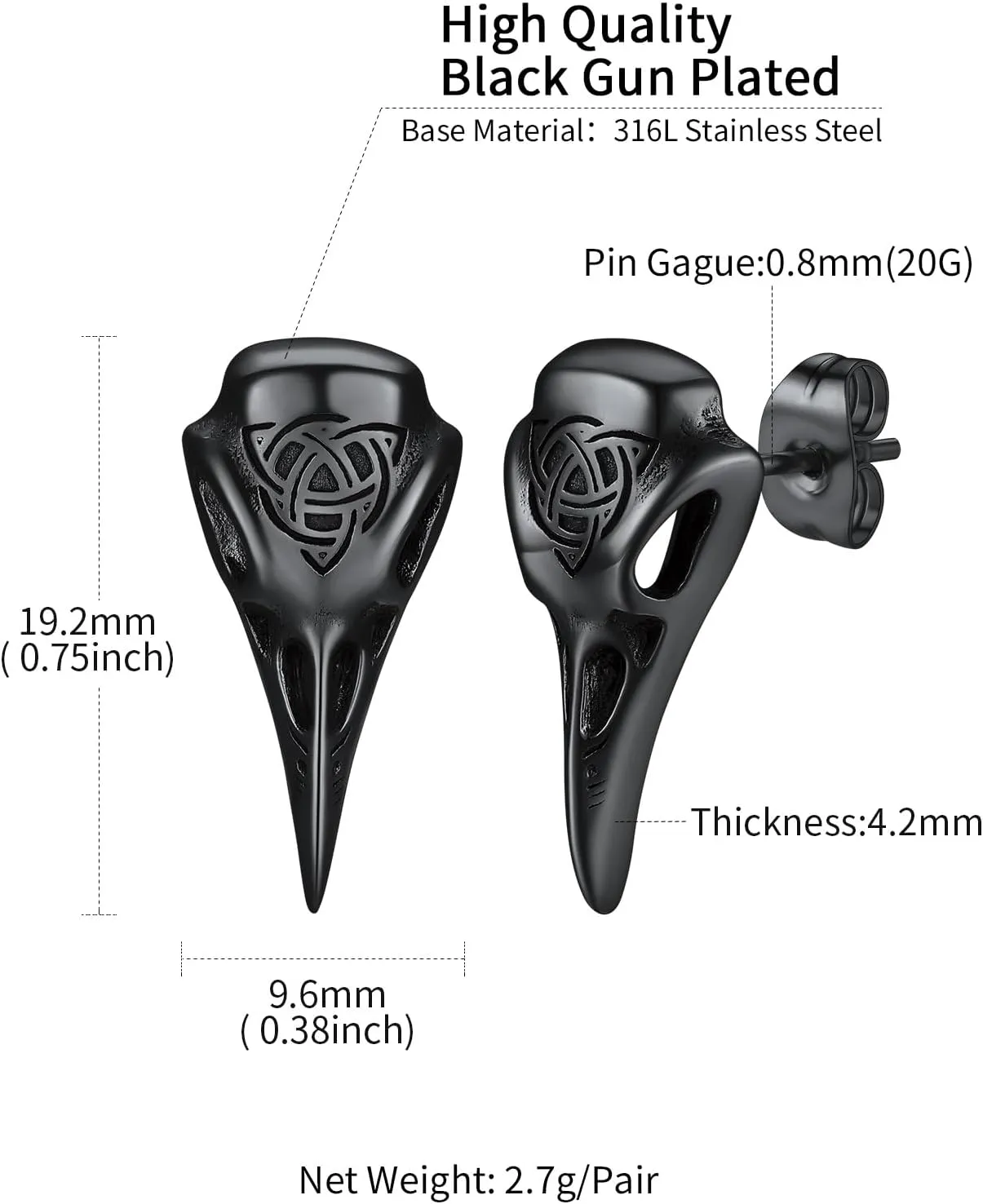 ChainsHouse Viking Earrings for Men, Raven Skull/Celtic Cross Ear Studs, Stainless Steel/Black/Gold Plated Punk Gothic Earrings, Lightweight Hypoallergenic Stud Jewelry with Gift Box