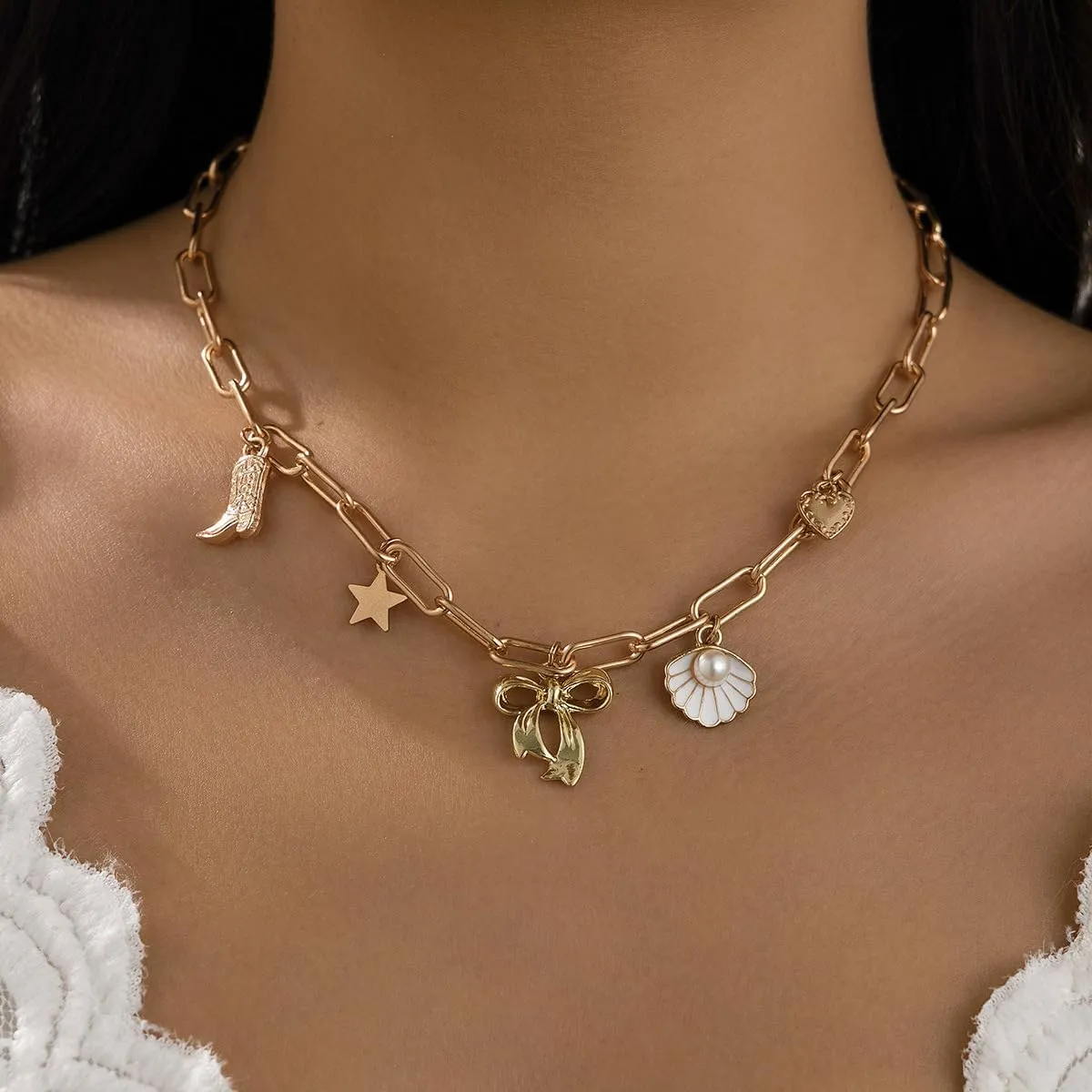 Charm Necklace for Women,Chunky Vintage Gold Bow Boot Cross Seashell Pearl Pendant Choker Neclace Trendy Charm Fashion Festive Holiday Beach Jewelry