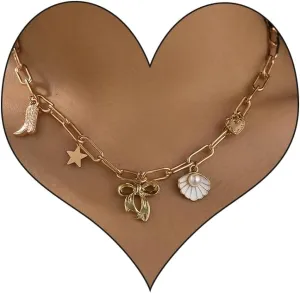 Charm Necklace for Women,Chunky Vintage Gold Bow Boot Cross Seashell Pearl Pendant Choker Neclace Trendy Charm Fashion Festive Holiday Beach Jewelry
