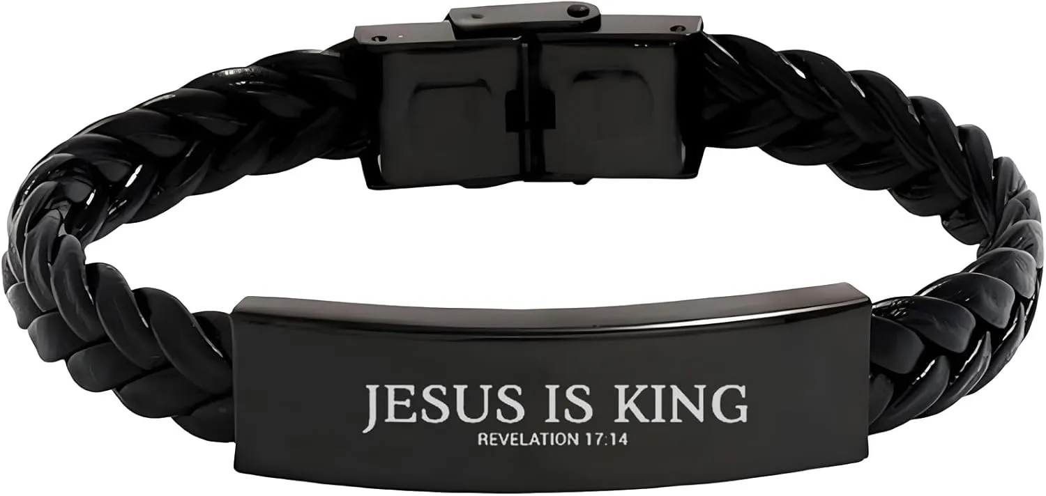 Christian Leather Bracelet for Men Women,Jesus is My King Christian Cross Bible Faith in Christ Cuff