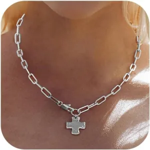 Chunky Cross Necklace for Women Trendy 14K Gold Silver Layered Statement Cross Pendant Charm Necklace Vintage Paperclip Herringbone Snake Choker Chain Costume Jewelry Set Gift Non Tarnish