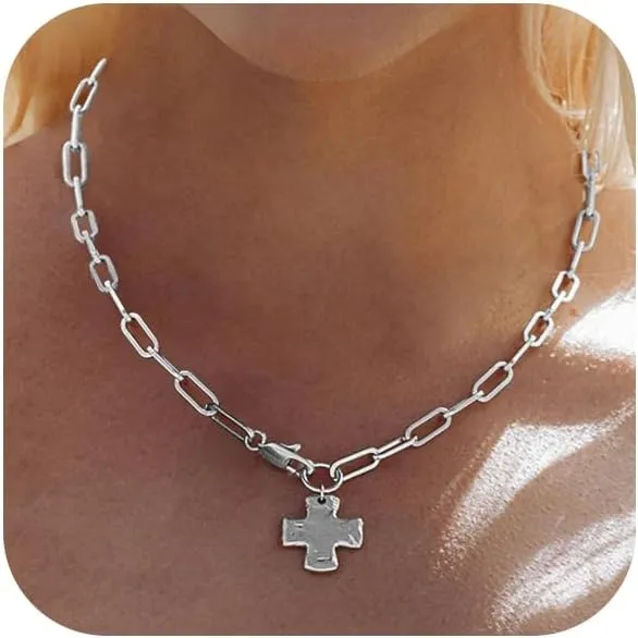 Chunky Cross Necklace for Women Trendy 14K Gold Silver Layered Statement Cross Pendant Charm Necklace Vintage Paperclip Herringbone Snake Choker Chain Costume Jewelry Set Gift Non Tarnish