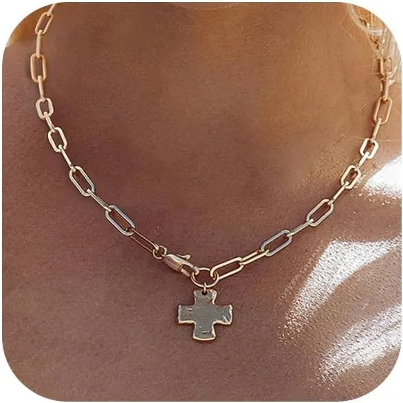 Chunky Cross Necklace for Women Trendy 14K Gold Silver Layered Statement Cross Pendant Charm Necklace Vintage Paperclip Herringbone Snake Choker Chain Costume Jewelry Set Gift Non Tarnish