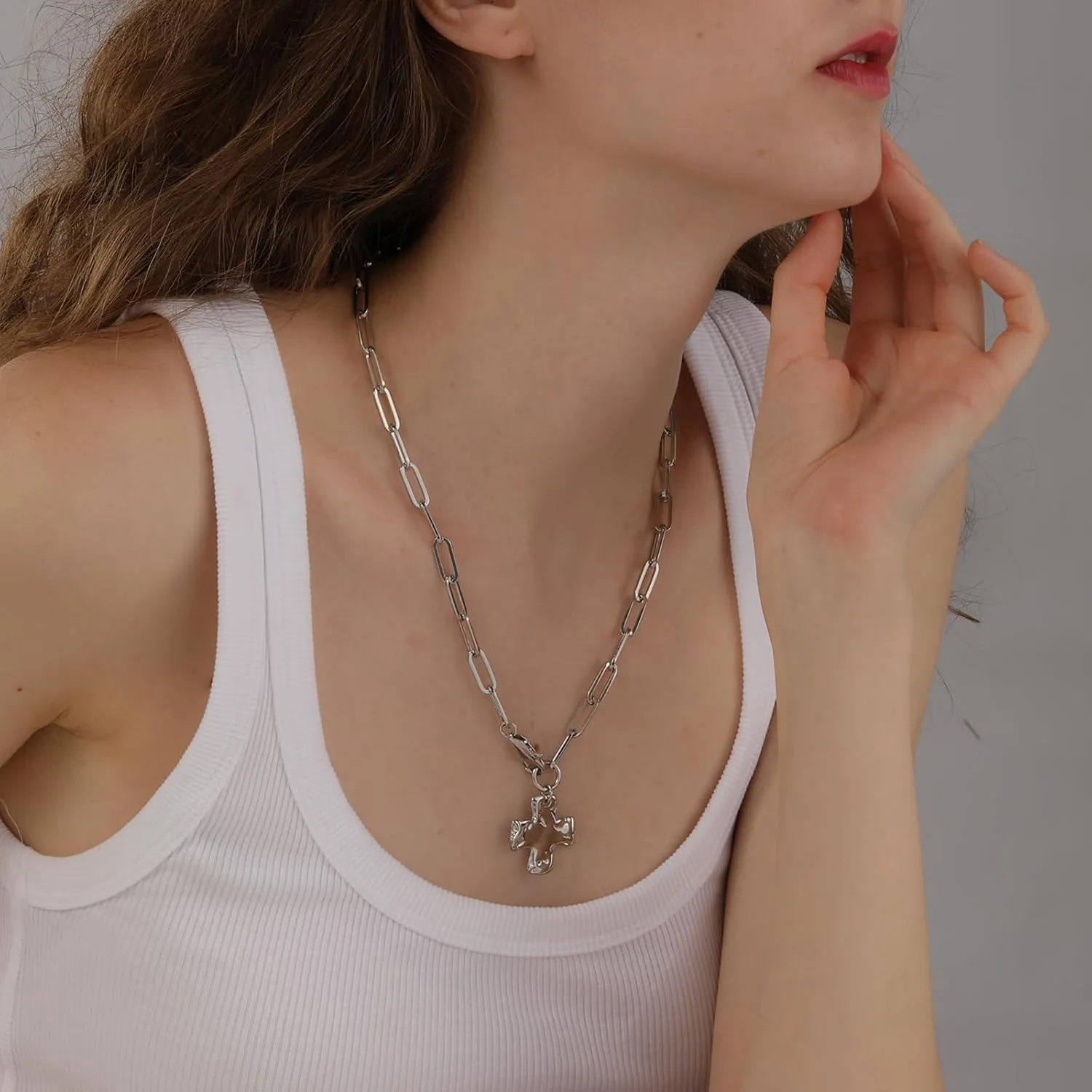 Chunky Cross Necklace for Women Trendy 14K Gold Silver Layered Statement Cross Pendant Charm Necklace Vintage Paperclip Herringbone Snake Choker Chain Costume Jewelry Set Gift Non Tarnish