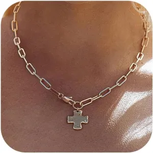 Chunky Cross Necklace for Women Trendy 14K Gold Silver Layered Statement Cross Pendant Charm Necklace Vintage Paperclip Herringbone Snake Choker Chain Costume Jewelry Set Gift Non Tarnish