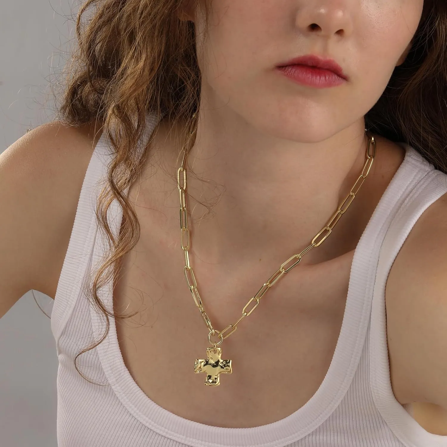 Chunky Cross Necklace for Women Trendy 14K Gold Silver Layered Statement Cross Pendant Charm Necklace Vintage Paperclip Herringbone Snake Choker Chain Costume Jewelry Set Gift Non Tarnish