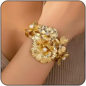 Chunky Gold Cuff Bracelets for Women Vintage Pearl Crystal Flower Bracelet Bohemian Style Open Bangle Chunky Flower Statement Wide Bracelet Birthday Party Wedding Jewelry