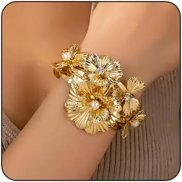 Chunky Gold Cuff Bracelets for Women Vintage Pearl Crystal Flower Bracelet Bohemian Style Open Bangle Chunky Flower Statement Wide Bracelet Birthday Party Wedding Jewelry