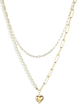 Chunky Heart Layered Necklace for Women Gold Plated Vintage Charm Double Layer Puffy Love Hearts Simulated Pearl Beaded Paperclip Link Chain Choker Necklace for Birthday Holiday Trendy Jewelry Gifts