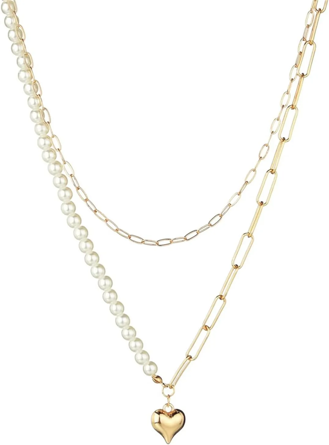 Chunky Heart Layered Necklace for Women Gold Plated Vintage Charm Double Layer Puffy Love Hearts Simulated Pearl Beaded Paperclip Link Chain Choker Necklace for Birthday Holiday Trendy Jewelry Gifts
