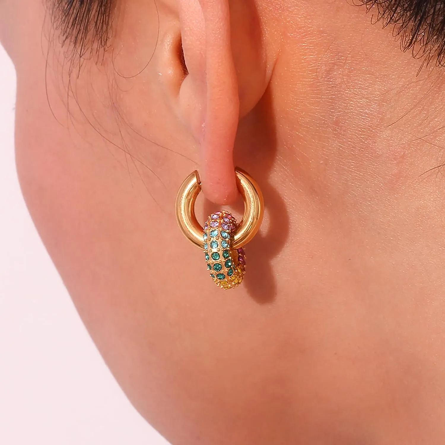 CiNily Huggie Hoop Earrings, Rainbow Colorful Crystal Yellow Gold Plated Cuff Earrings Fashion Small Hoop Earrings for Women Girls