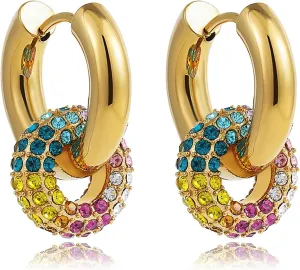 CiNily Huggie Hoop Earrings, Rainbow Colorful Crystal Yellow Gold Plated Cuff Earrings Fashion Small Hoop Earrings for Women Girls