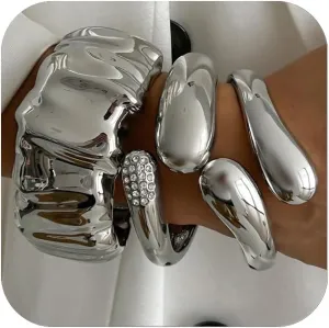 CJIAYUJEW 3Pcs Big Chunky Gold Bangle for Women Silver Cuff Wide Bracelet Trendy Teardrop Wire Irregular Minimalist Jewelry