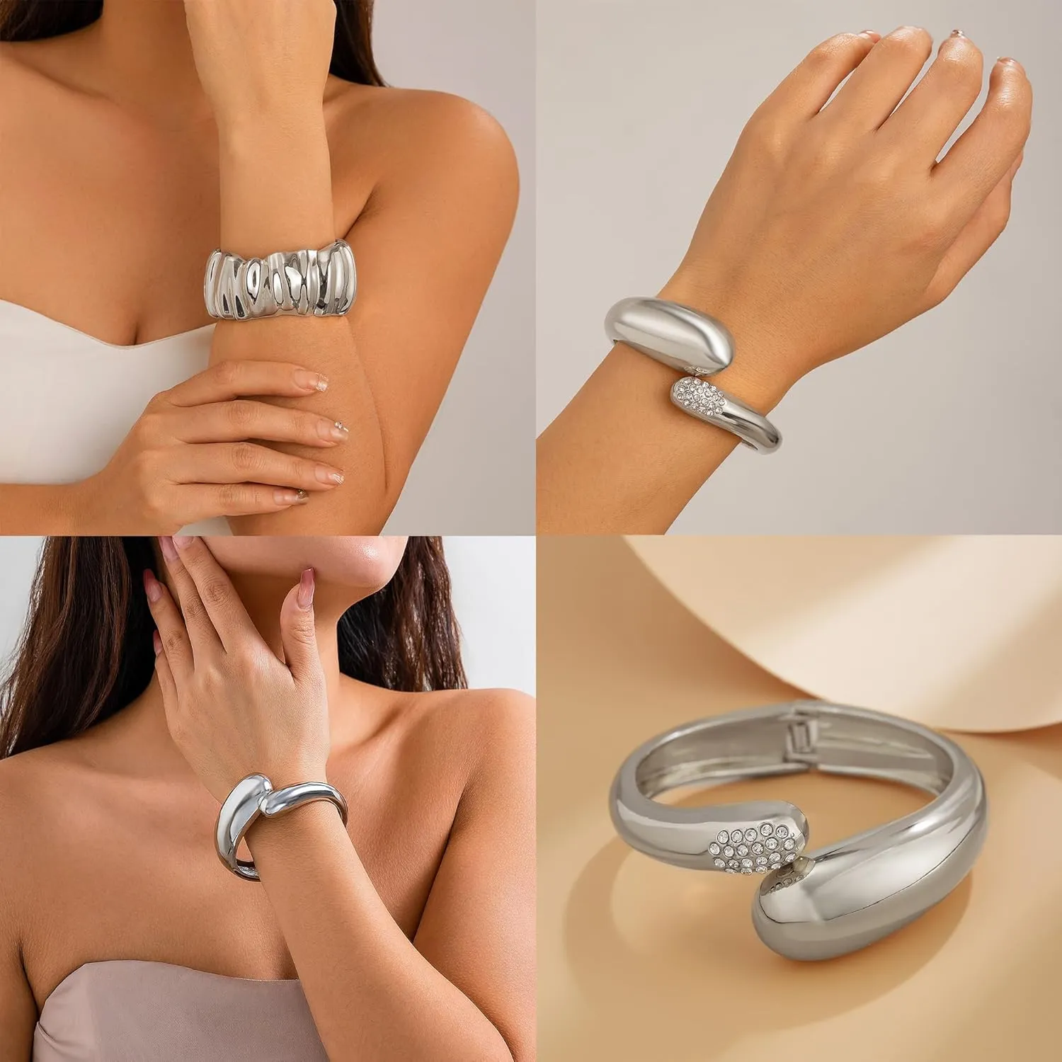 CJIAYUJEW 3Pcs Big Chunky Gold Bangle for Women Silver Cuff Wide Bracelet Trendy Teardrop Wire Irregular Minimalist Jewelry