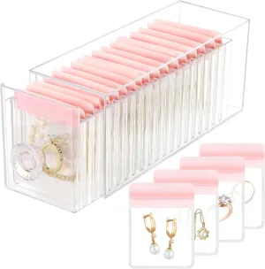 Clear Acrylic Jewelry Organizer Box with 20 Portable Pouches, Jewelry Storage Case for Women Girls, Tangle-Free, Anti-Tarnish, Compact Storage for Necklaces/Earrings/Rings, Upgraded Pink