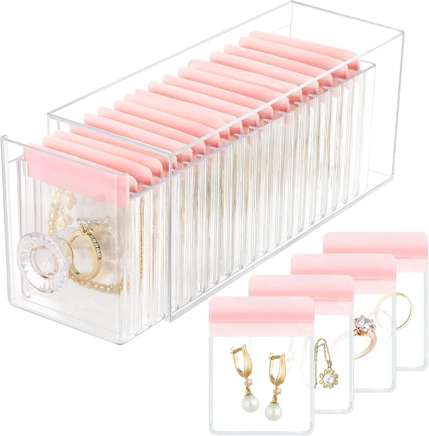 Clear Acrylic Jewelry Organizer Box with 20 Portable Pouches, Jewelry Storage Case for Women Girls, Tangle-Free, Anti-Tarnish, Compact Storage for Necklaces/Earrings/Rings, Upgraded Pink