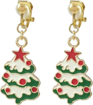 Clip On Christmas Earrings for Women Girls Cute Snowman Tree Stocking Vintage Dangle Drop Clip-on Winter Earrings Candy Deer Wreath Gift Non Piercing Xmas Earrings Jewelry Set for Kids