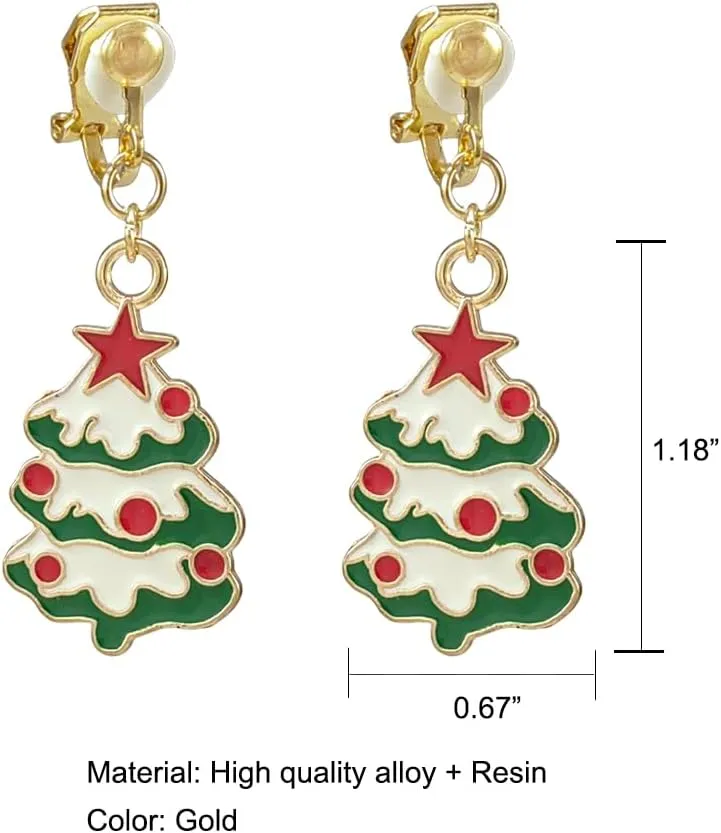 Clip On Christmas Earrings for Women Girls Cute Snowman Tree Stocking Vintage Dangle Drop Clip-on Winter Earrings Candy Deer Wreath Gift Non Piercing Xmas Earrings Jewelry Set for Kids