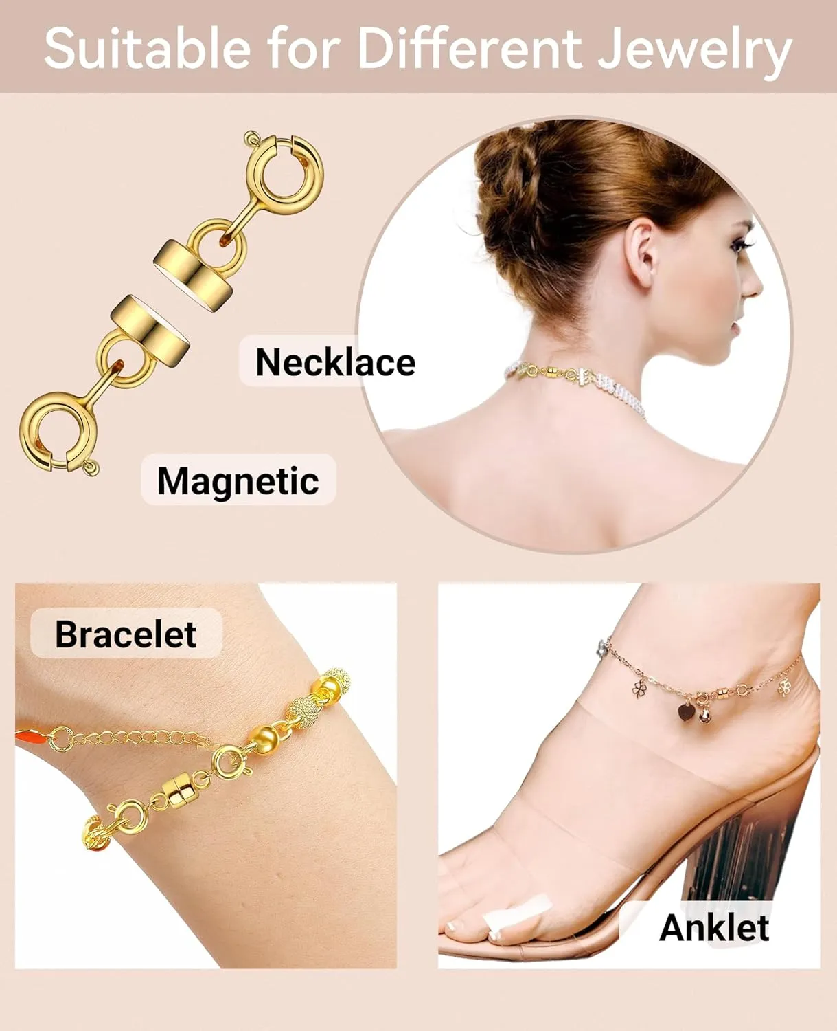 Clysoru Magnetic Necklace Clasps and Closures 14k Gold and Silver Two Spring Clasps Beads Chain Extender Necklaces Bracelet Safety Magnetic Locking Jewelry Clasp Converter