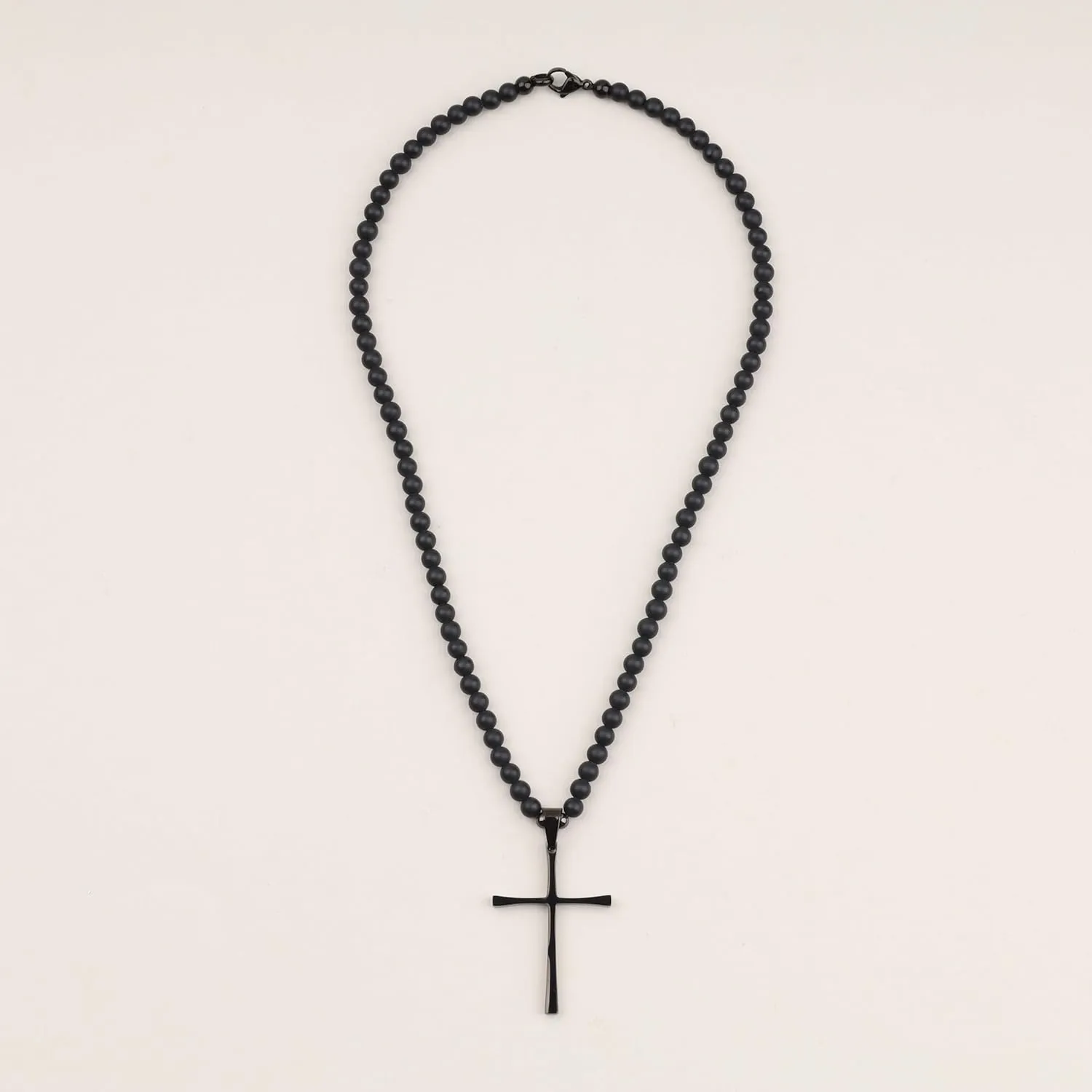 COAI Men's Cross Necklace Black Stone Necklace Onyx Beaded Necklace for Men