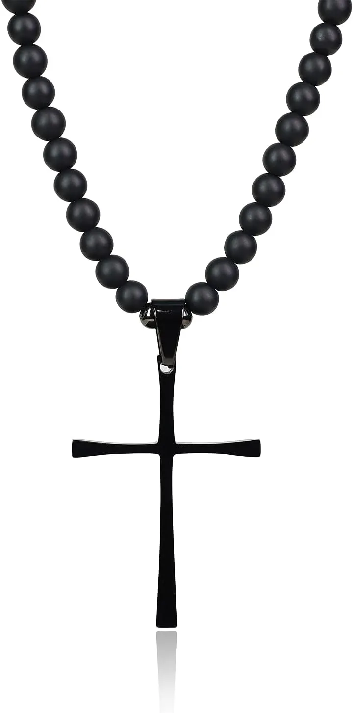 COAI Men's Cross Necklace Black Stone Necklace Onyx Beaded Necklace for Men