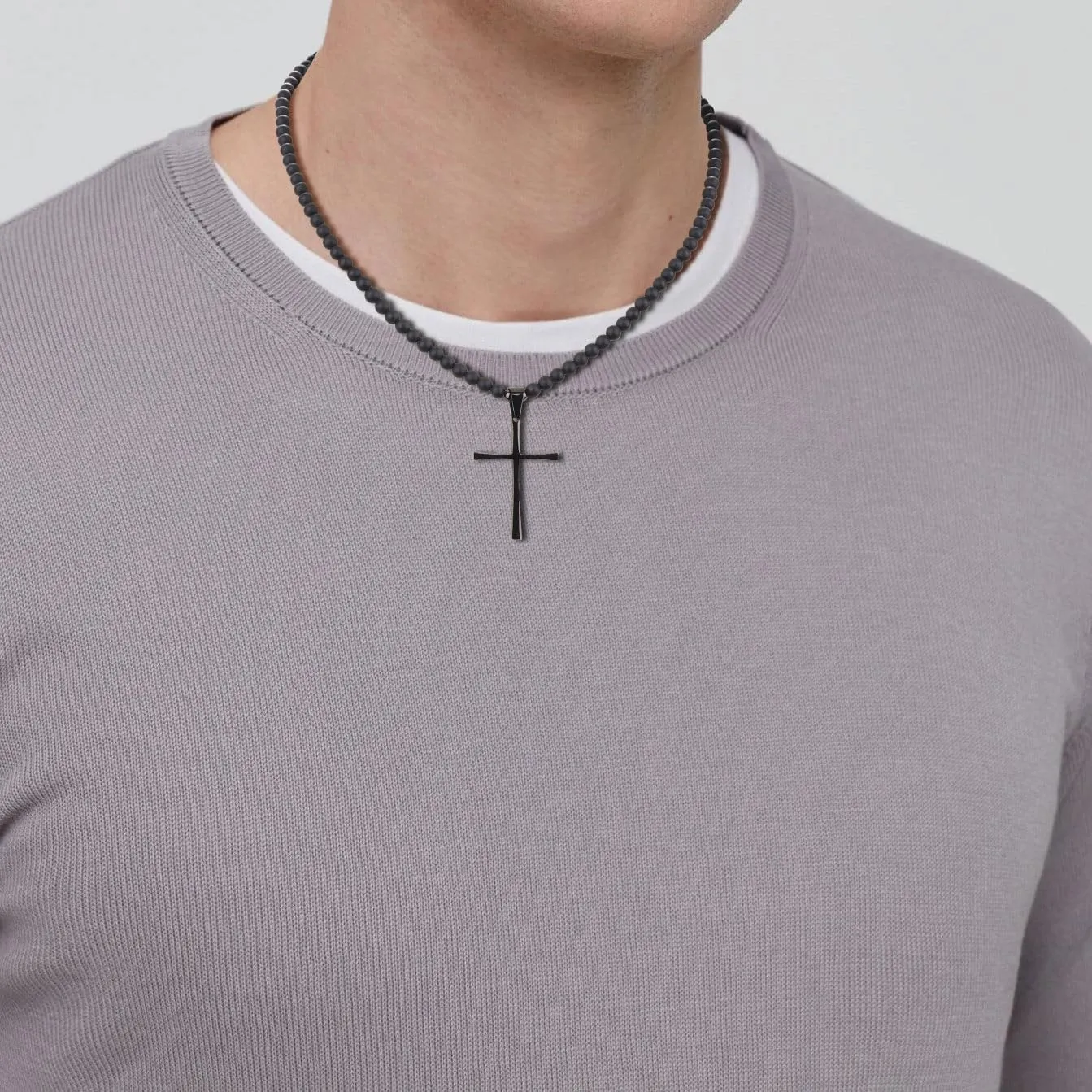 COAI Men's Cross Necklace Black Stone Necklace Onyx Beaded Necklace for Men