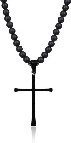 COAI Men's Cross Necklace Black Stone Necklace Onyx Beaded Necklace for Men