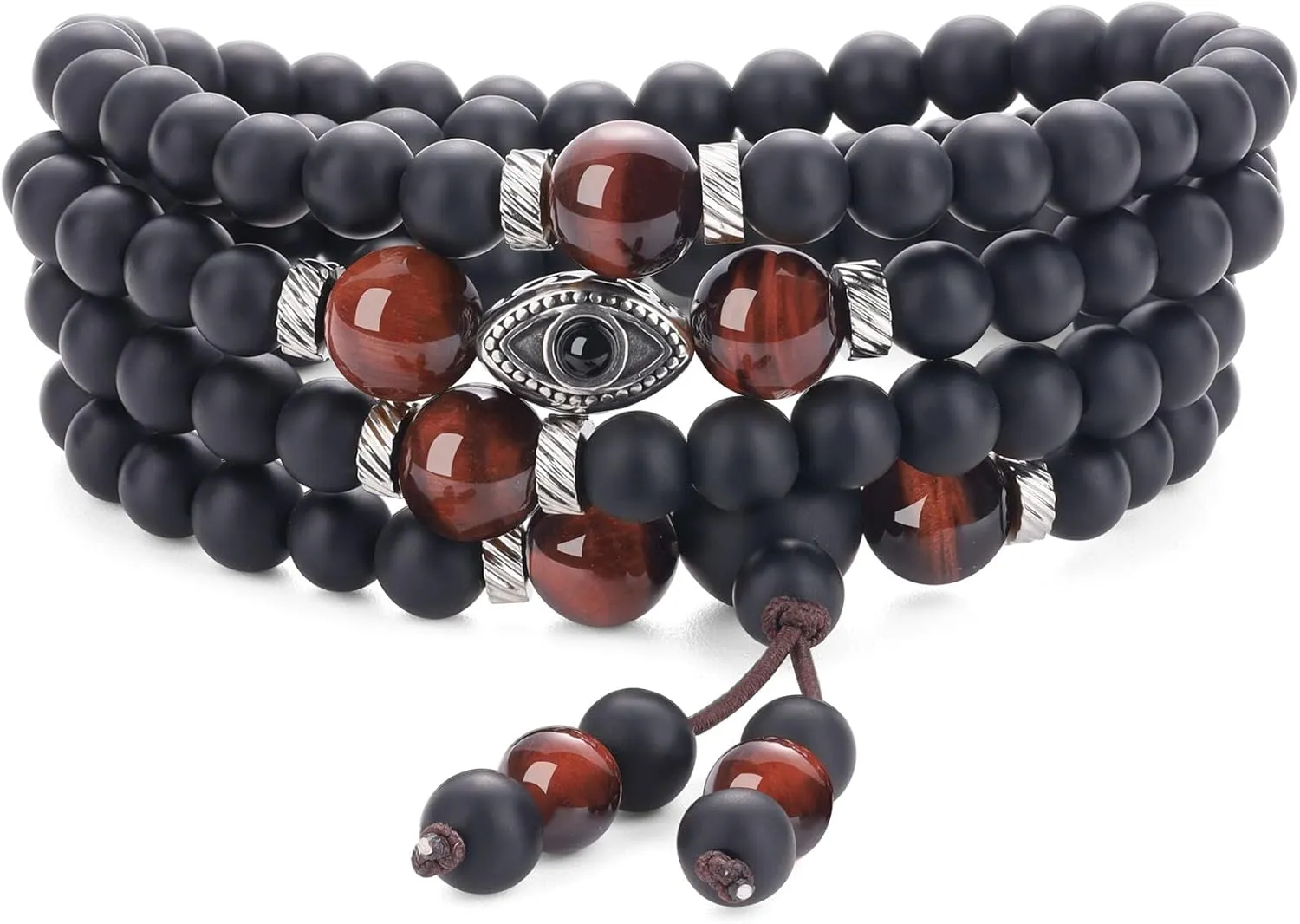COAI Onyx Tiger Eye Evil Eye Wrap Bracelet Beaded Necklace, 108 Mala Beads Prayer Necklace for Men Women 6mm