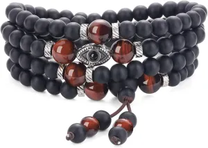 COAI Onyx Tiger Eye Evil Eye Wrap Bracelet Beaded Necklace, 108 Mala Beads Prayer Necklace for Men Women 6mm