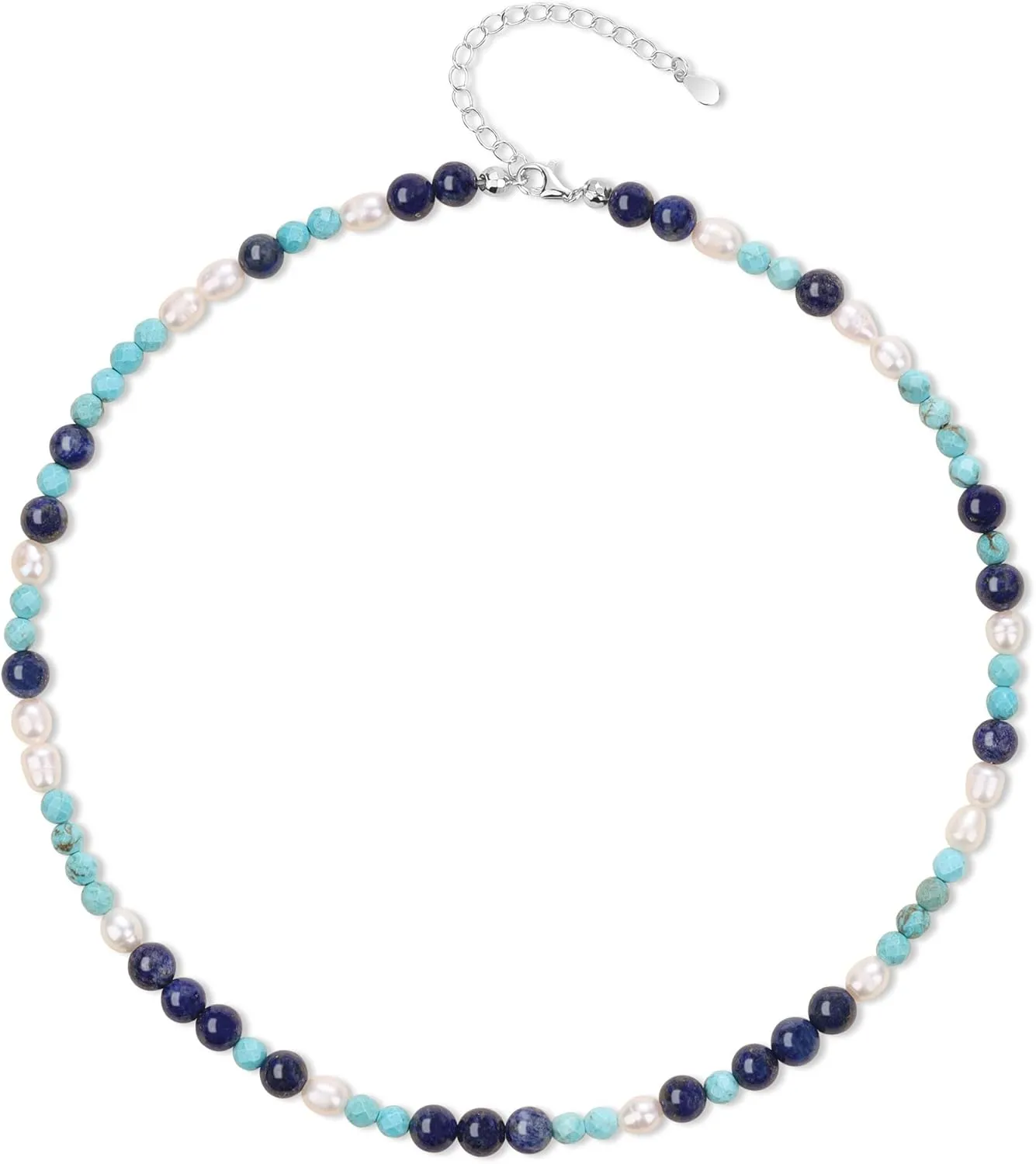 COAI Platinum Plated 925 Sterling Silver Beaded Necklace for Women, Lapis Lazuli Synthetic Turquoise Pearl Necklace