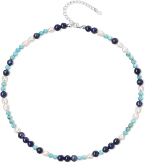 COAI Platinum Plated 925 Sterling Silver Beaded Necklace for Women, Lapis Lazuli Synthetic Turquoise Pearl Necklace