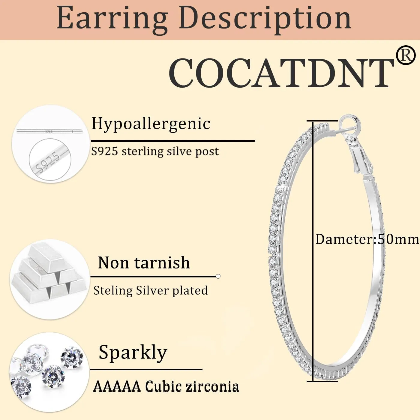 Cocadant 14K Real Gold Hoop Earrings for Women Trendy,Sterling Silver Post Hypoallergenic Lightweight Sparkly Rhinestone Big Hoop Earrings