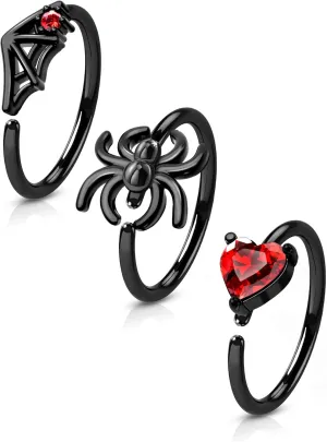 Cocharm 3PCS Black Spider Nose Rings, 20g & 22g, 8mm Web Nose Hoops for Women & Men, Halloween Piercing Jewelry
