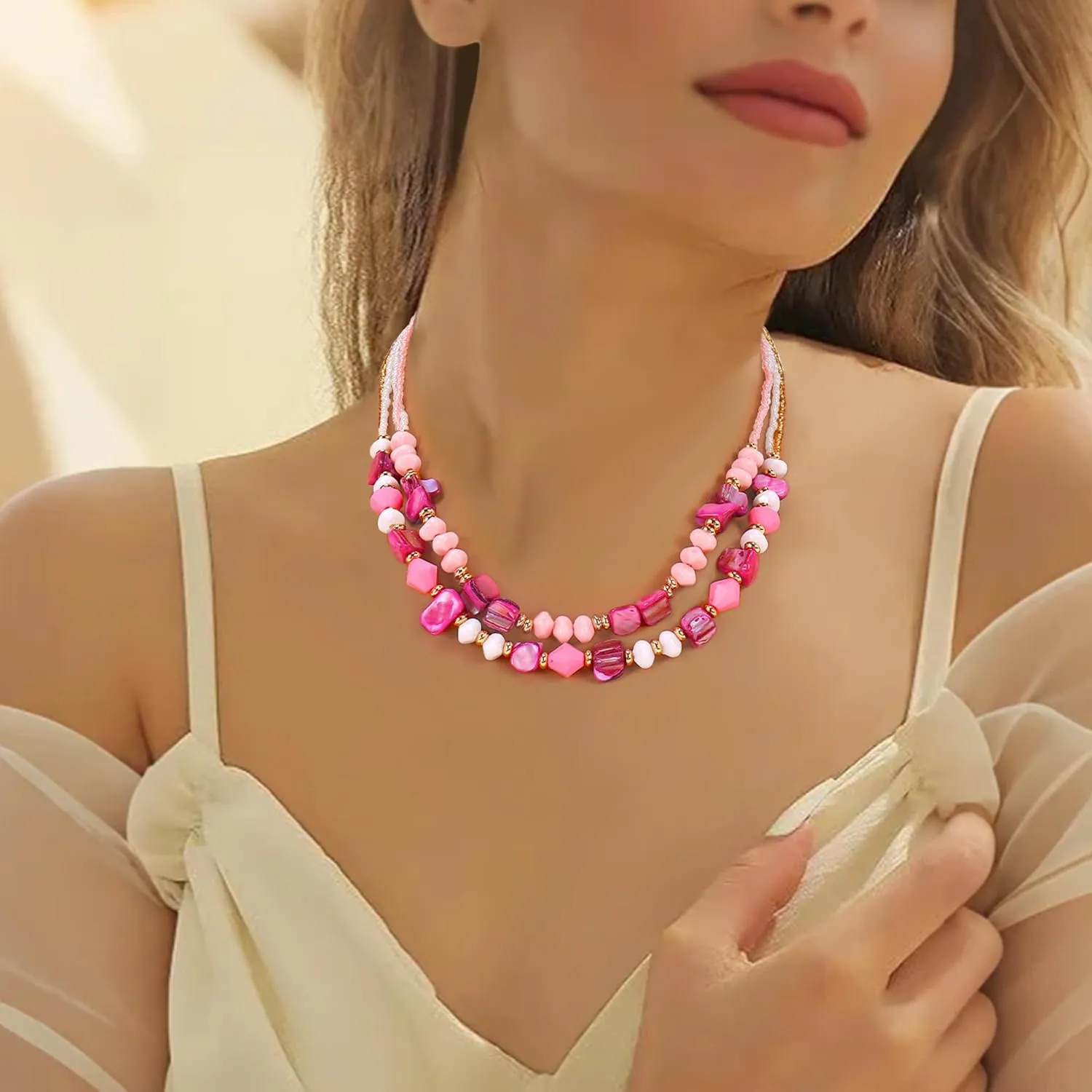Coiris Layered Shell Beaded Necklaces for Women Handmade Boho Colored Bead Choker Necklace Holiday Style Costume Jewelry for Women