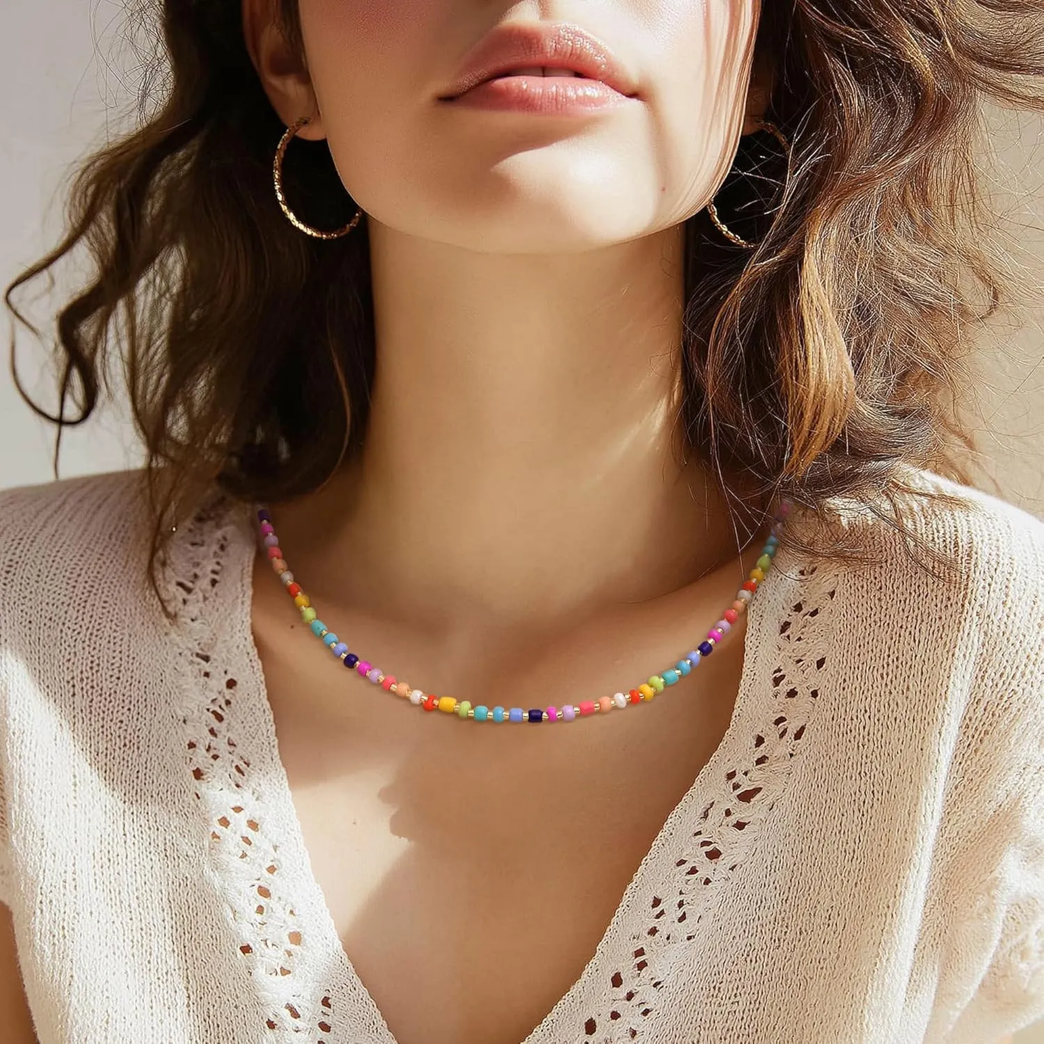 Colorful Beaded Choker Necklaces for Women, Boho Adjustable Handmade Rainbow Beads Layered Necklace Everyday Fashion Jewelry Gift.