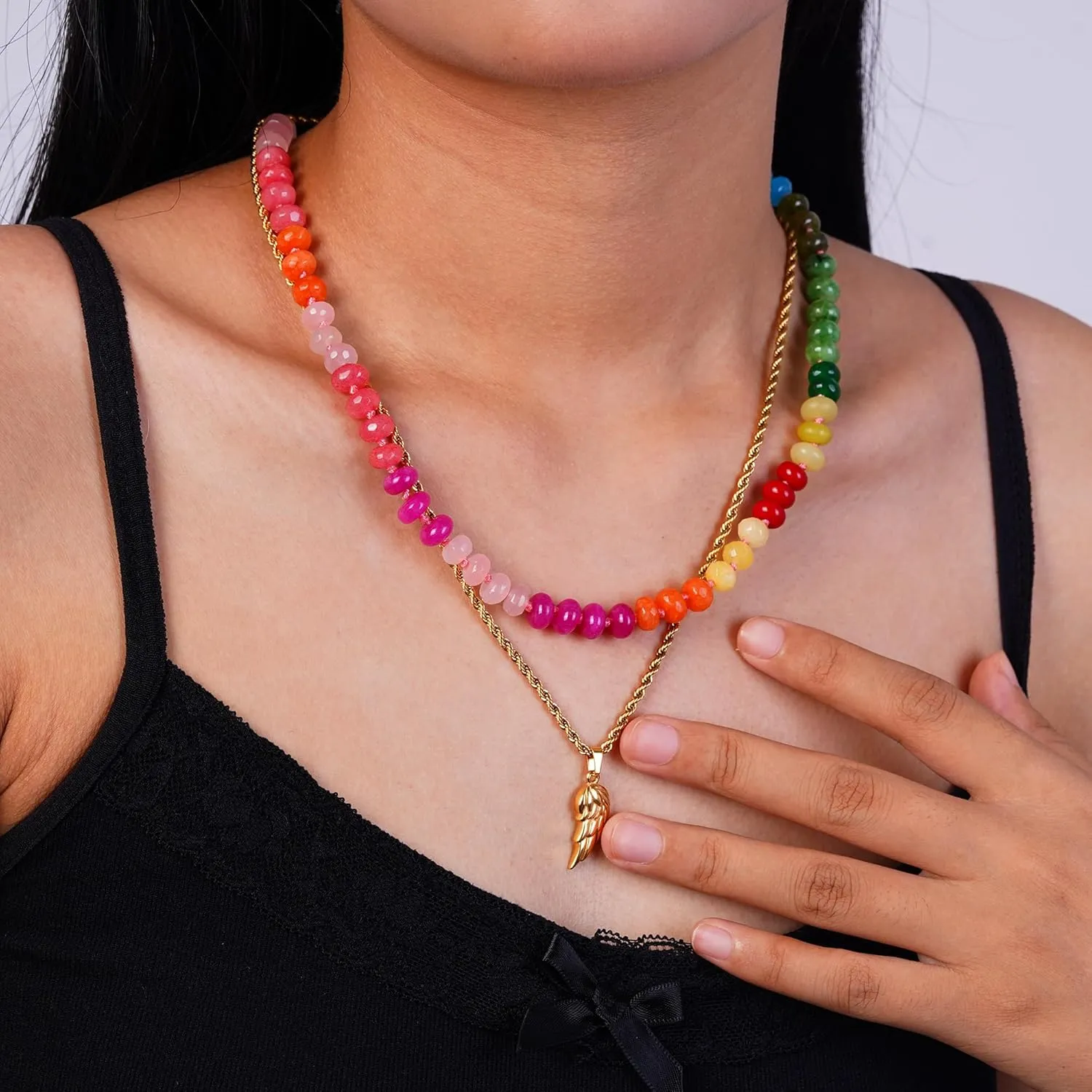 Colorful Beaded Gemstone Necklace for Women, Boho Rainbow Bead Choker with Natural Stone Crystal Beads, Handmade Summer Beach Necklace Jewelry