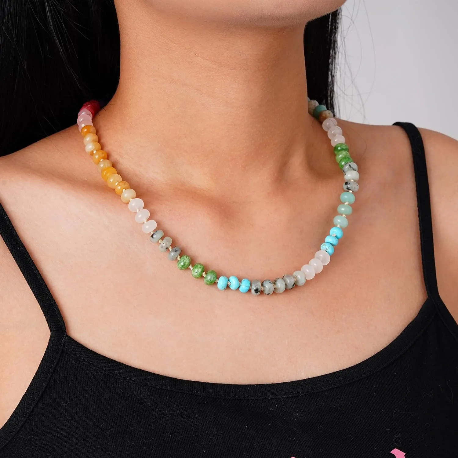 Colorful Beaded Gemstone Necklace for Women, Boho Rainbow Bead Choker with Natural Stone Crystal Beads, Handmade Summer Beach Necklace Jewelry