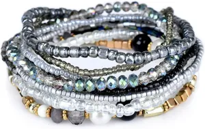 COLORFUL BLING Bohemian Crystal Beaded Stretch Bracelet Set for Women Boho Multilayer Imitation Pearl Seed Stackable Bracelet Holiday Jewelry Birthday Gift