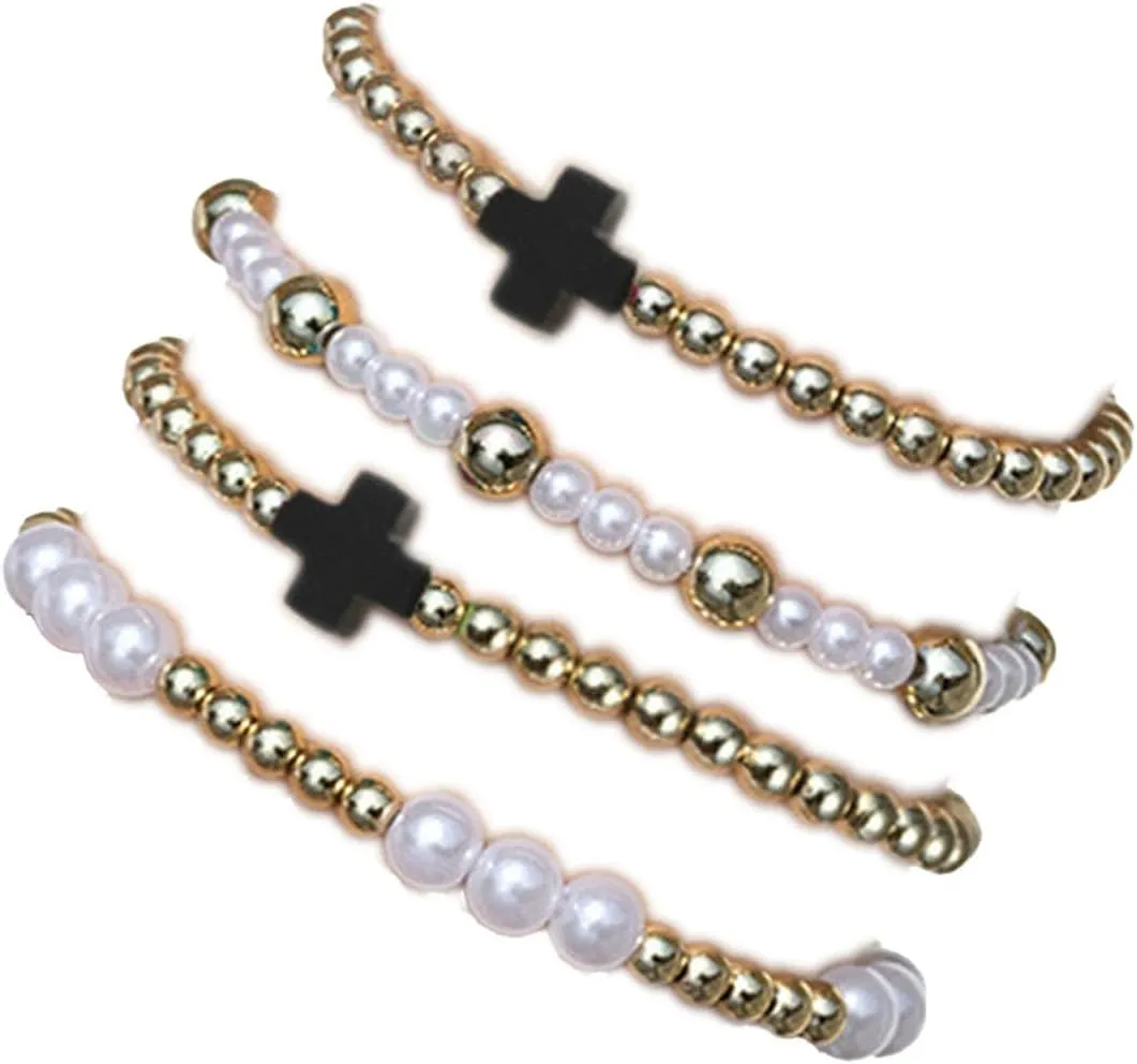 COLORFUL BLING Stackable Cross Bracelets Set for Women Imetation Pearl Resin Beaded Stretch Bracelet Stack Jewelry Birthday Christmas Prom Gifts
