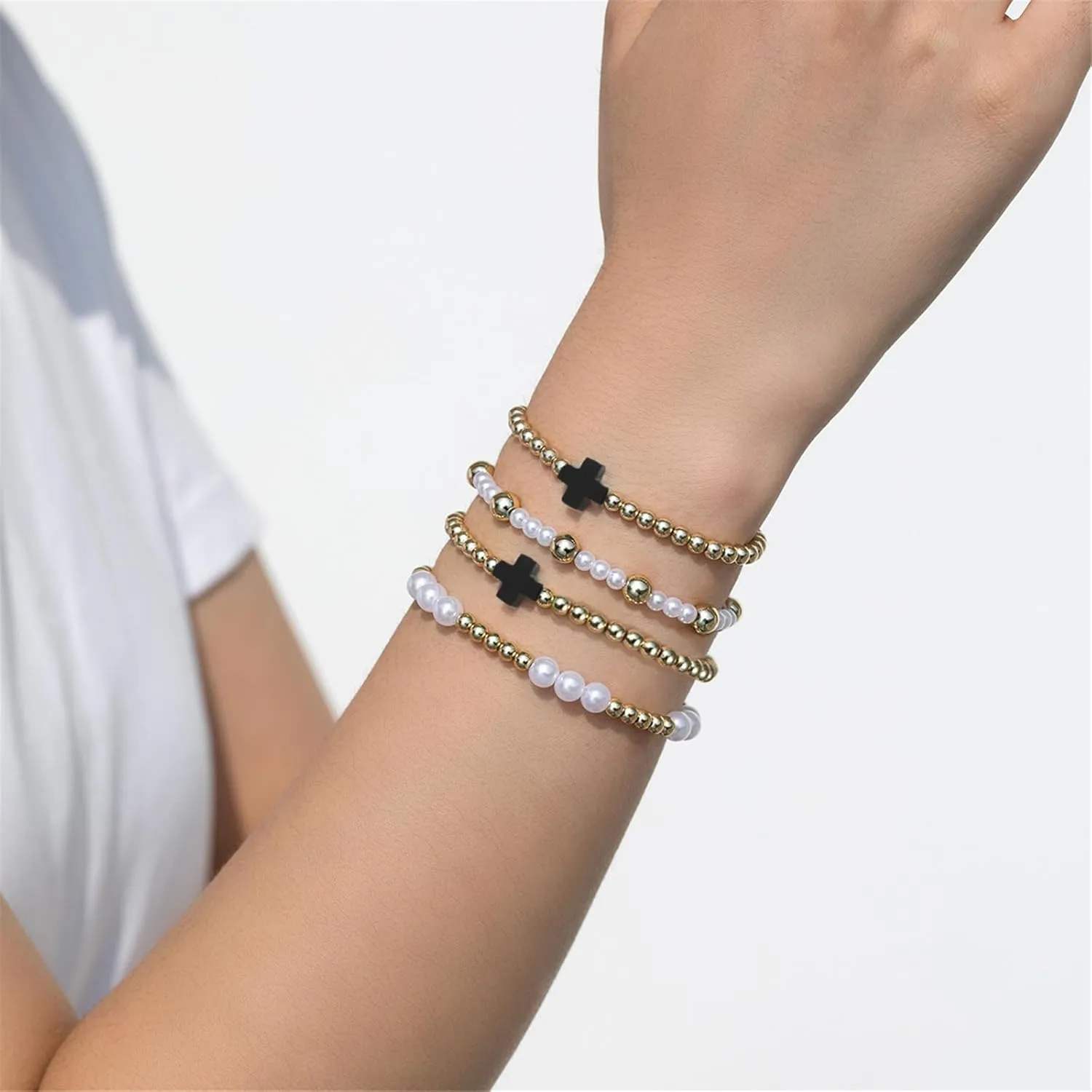 COLORFUL BLING Stackable Cross Bracelets Set for Women Imetation Pearl Resin Beaded Stretch Bracelet Stack Jewelry Birthday Christmas Prom Gifts