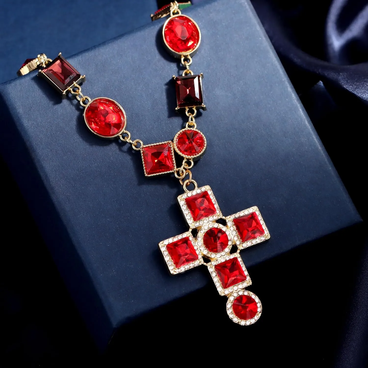 Colorful Cross Necklace for Women, 14K Gold plated Unique Geometric Diamond Cross Pendant Necklace, Simple Irregular Cross Chain Necklace for Women Jewelry