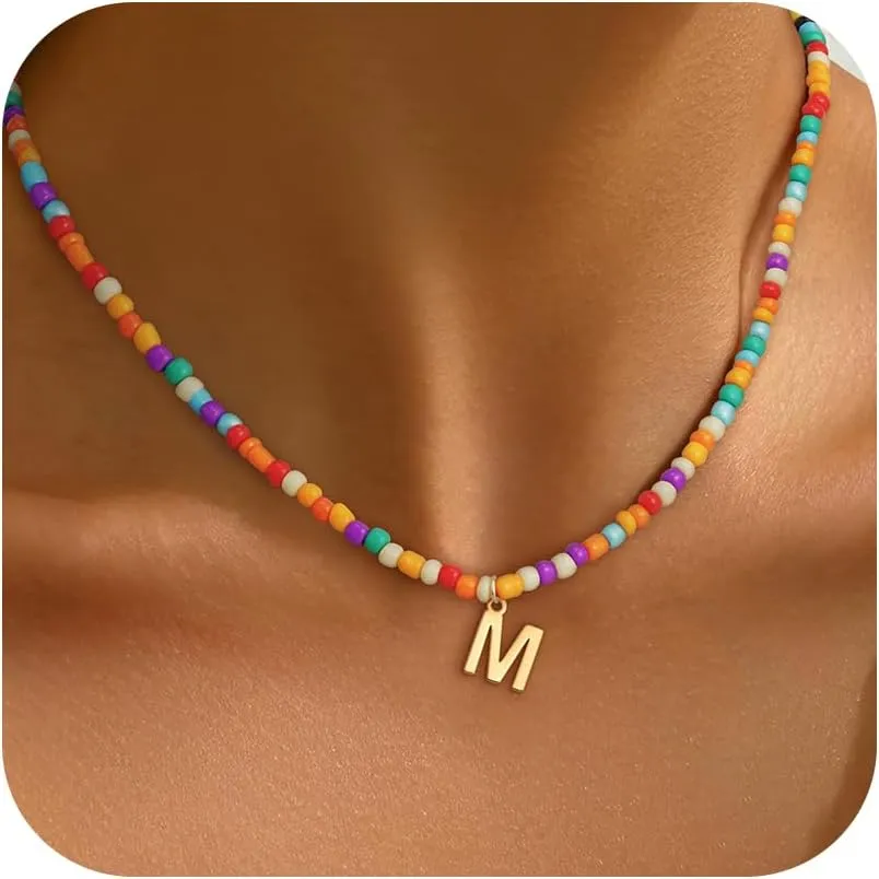 Colorful Initial Necklaces for Girls Women - Cute Beaded Choker Initial Necklace Teen Girl Gifts Trendy Stuff, Bohemian Letter Necklace Personalized Gifts for Girls Women Jewelry