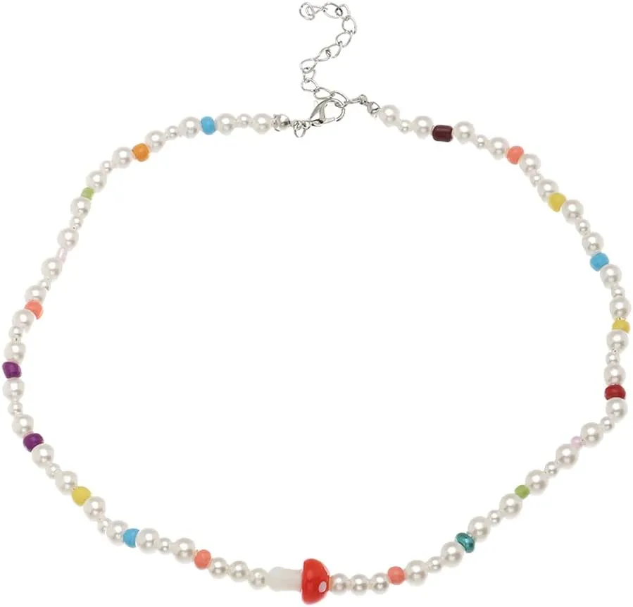 Colorful Mushroom Beaded Choker Necklace Faux Pearl Necklace Boho Retro Imitation Pearl Pendant Necklace for Jewelry Gift