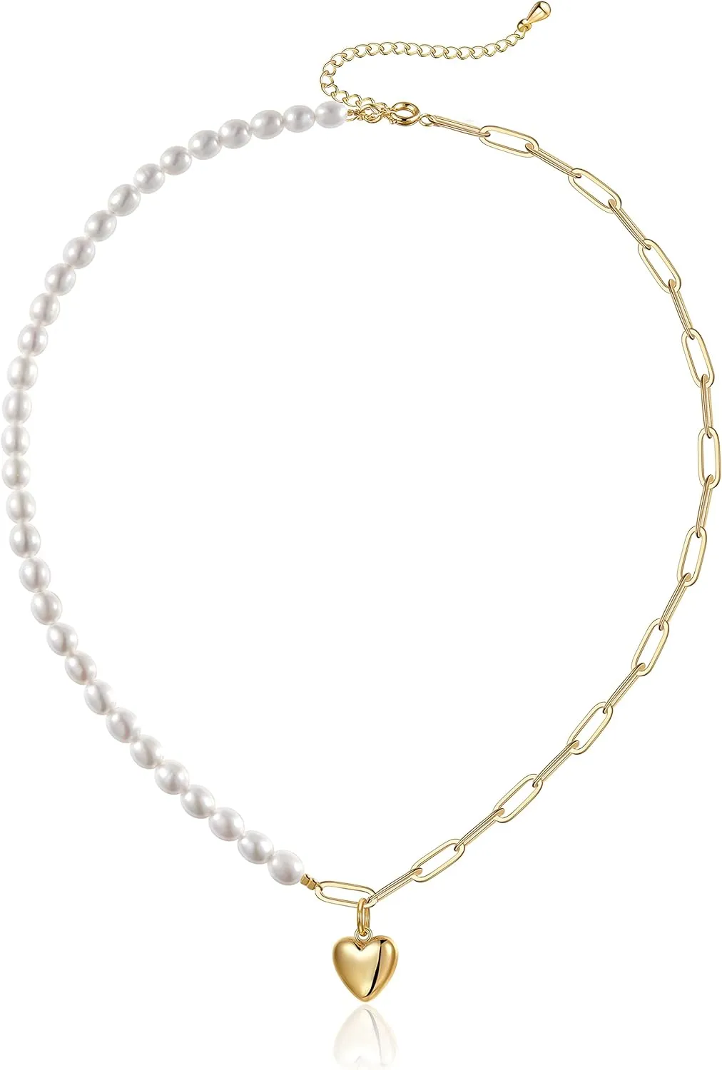 Cowlyn Love Heart Necklace Pendant 14K Gold Plated Paper Clip Chain Pearl Chain Vintage Charm Valentine Gift Women Jewelry