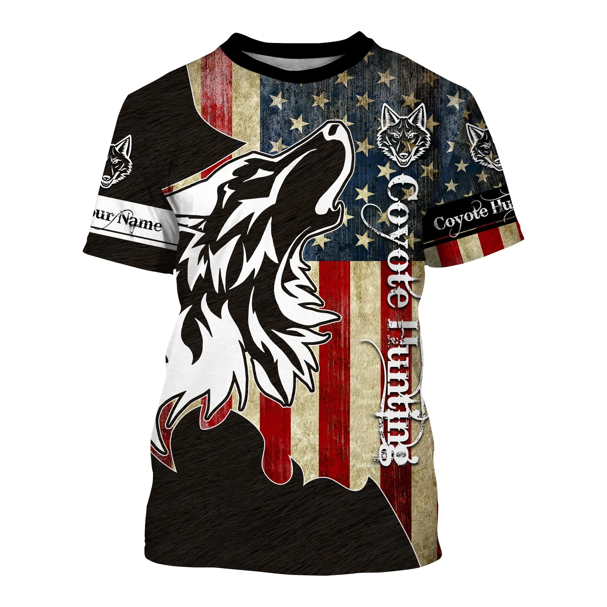 Coyote Hunting Camo American Flag Patriotic Coyote Tattoo Customize Name 3D Long Sleeve Shirts