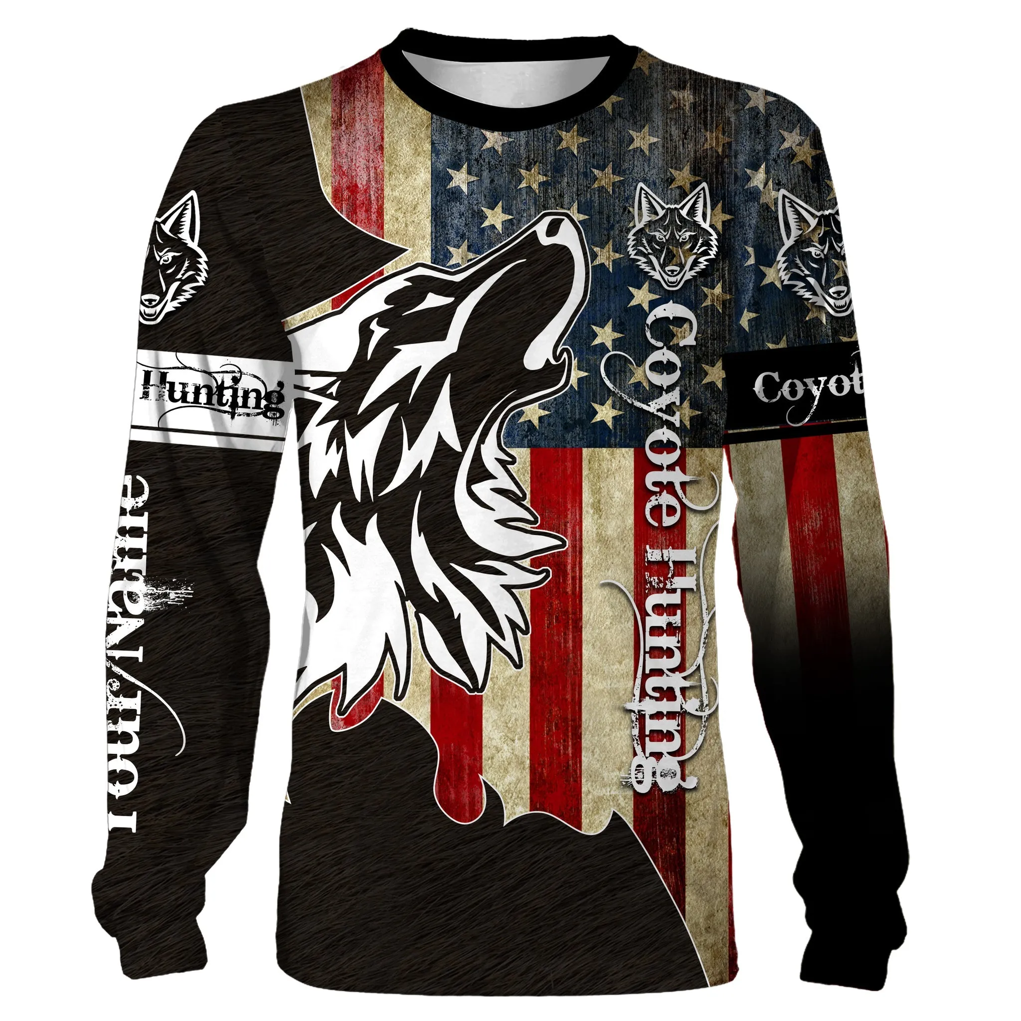 Coyote Hunting Camo American Flag Patriotic Coyote Tattoo Customize Name 3D Long Sleeve Shirts